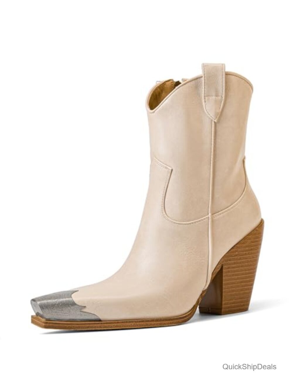 Faux Leather Cowboy Ankle Boots Engraved Steel Toe Stacked Block Heel Western